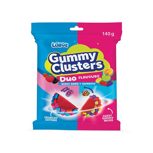 Lolloz Gummy Clusters Duo Berry Bang + Rainbow 140g X 12 Bags