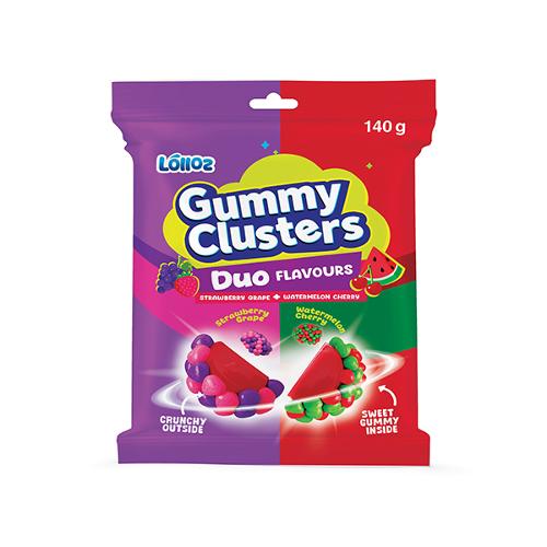 Lolloz Gummy Clusters Duo Strawberry Grape + Watermelon Cherry 140g X 12 Bags
