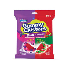 Lolloz Gummy Clusters Duo Strawberry Grape + Watermelon Cherry 140g X 12 Bags