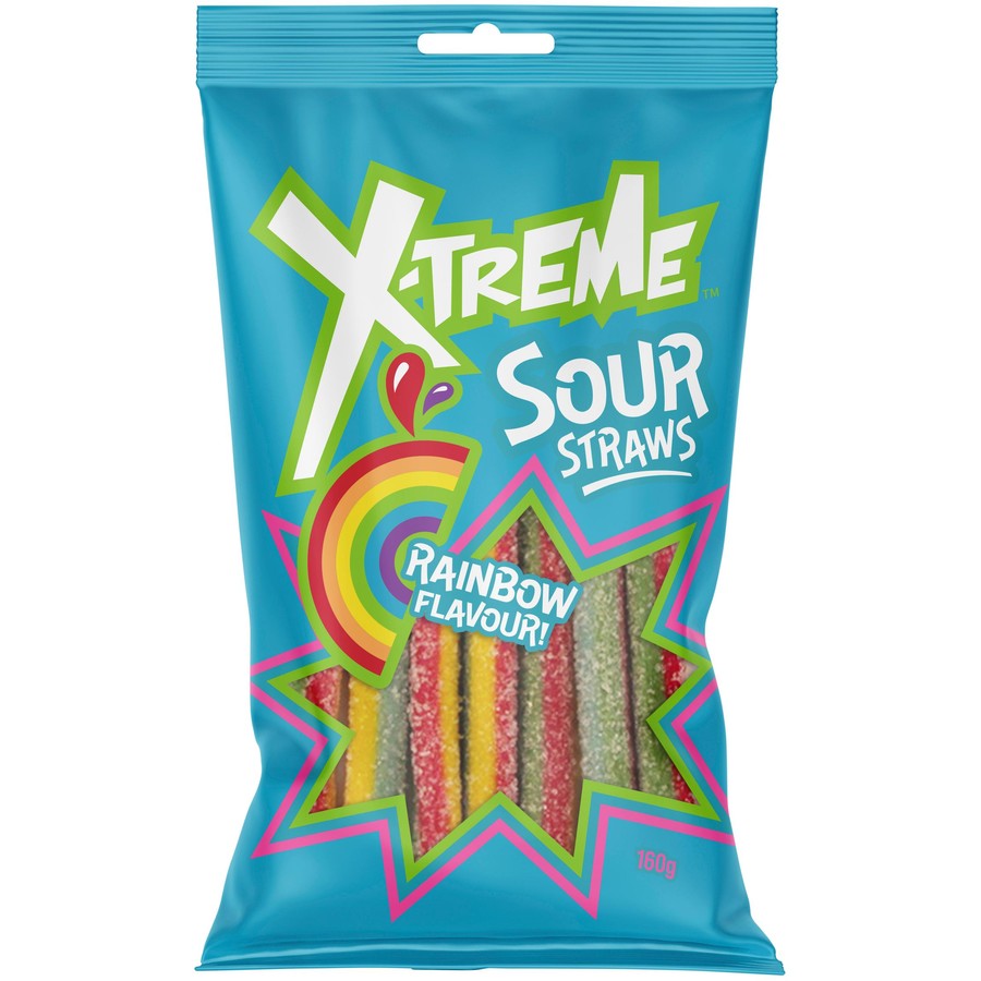 X-Treme Rainbow Sour Straws 150g x 12 Bags
