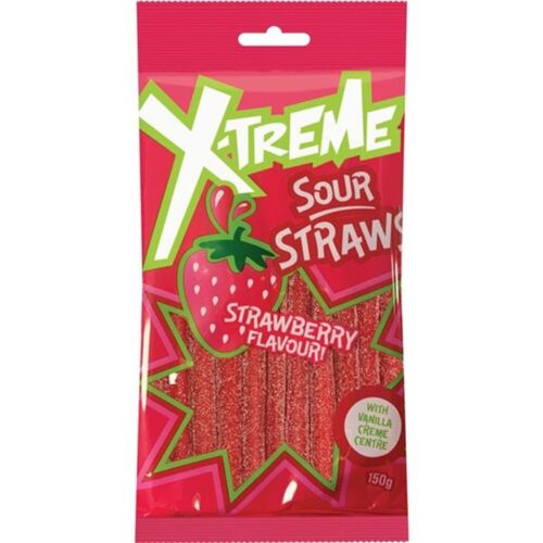 X-Treme Strawberry Sour Straws 150g x 12 Bags | Remas Distributions Pty Ltd