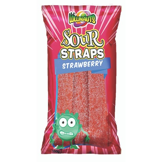 Lollinauts Sour Straps Strawberry 160g X 12 Bags