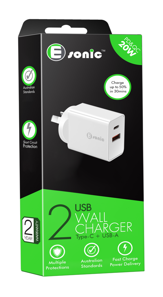 15. E Sonic Dual USB Wall Charger With Type-C & USB-A Port 1 Box X 5 Units